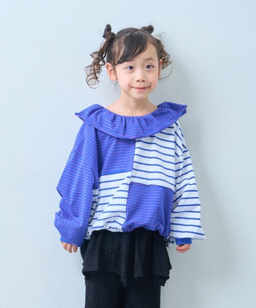 CIAOPANIC TYPY(チャオパニックティピー)の「【KIDS】《ジュニアサイズあり》リメイク風フリルボーダートップス(Tシャツ/カットソー・キッズ・レッド/ベージュ/ブルー・110/130/150)」の4枚目の写真