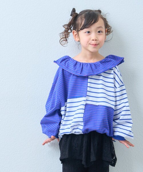 CIAOPANIC TYPY(チャオパニックティピー)の「【KIDS】《ジュニアサイズあり》リメイク風フリルボーダートップス(Tシャツ/カットソー・キッズ・レッド/ベージュ/ブルー・110/130/150)」の5枚目の写真