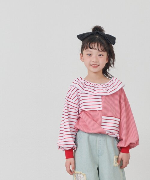 CIAOPANIC TYPY(チャオパニックティピー)の「【KIDS】《ジュニアサイズあり》リメイク風フリルボーダートップス(Tシャツ/カットソー・キッズ・レッド/ベージュ/ブルー・110/130/150)」の7枚目の写真