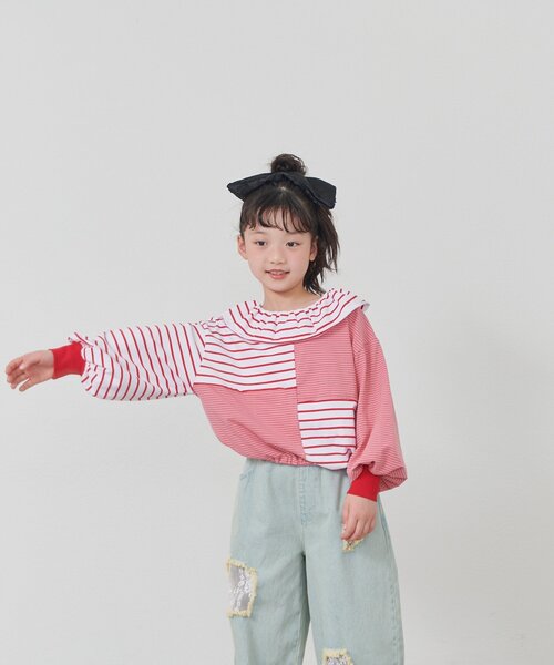 CIAOPANIC TYPY(チャオパニックティピー)の「【KIDS】《ジュニアサイズあり》リメイク風フリルボーダートップス(Tシャツ/カットソー・キッズ・レッド/ベージュ/ブルー・110/130/150)」の9枚目の写真
