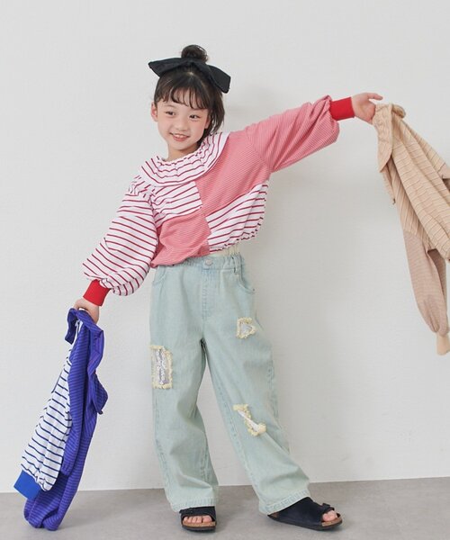 CIAOPANIC TYPY(チャオパニックティピー)の「【KIDS】《ジュニアサイズあり》リメイク風フリルボーダートップス(Tシャツ/カットソー・キッズ・レッド/ベージュ/ブルー・110/130/150)」の20枚目の写真