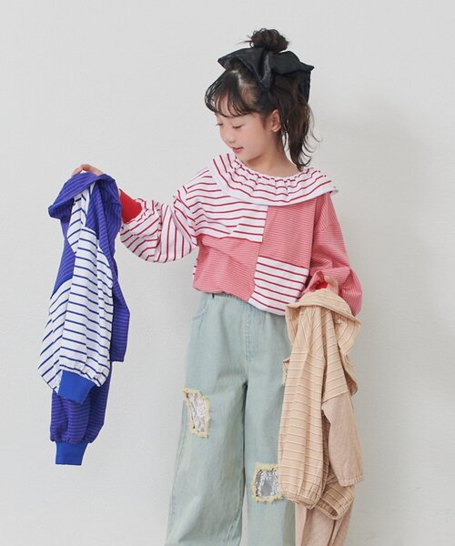 CIAOPANIC TYPY(チャオパニックティピー)の「【KIDS】《ジュニアサイズあり》リメイク風フリルボーダートップス(Tシャツ/カットソー・キッズ・レッド/ベージュ/ブルー・110/130/150)」の21枚目の写真