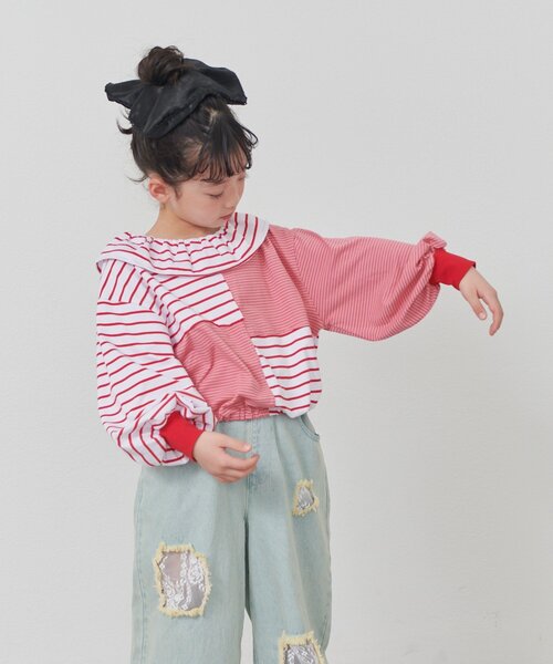 CIAOPANIC TYPY(チャオパニックティピー)の「【KIDS】《ジュニアサイズあり》リメイク風フリルボーダートップス(Tシャツ/カットソー・キッズ・レッド/ベージュ/ブルー・110/130/150)」の22枚目の写真