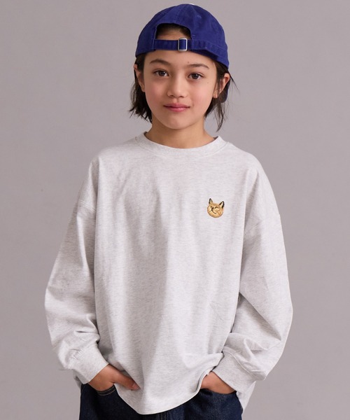PAIRMANON STREET（ペアマノンストリート）の「【綿100%】ネコ ワンポイント刺繍 長袖 Tシャツ【PAIRMANON STREET】（Tシャツ/カットソー・キッズ・グリーン/オフホワイト/グレー/ブラック・100/110/120/130/140/150/160/90）」の3枚目の写真