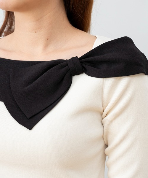 STRAWBERRY-FIELDS（ストロベリーフィールズ）の「ノアストレッチⅡ_リボンディテールニット（ニット/セーター・レディース・ブラック×ホワイト/ホワイト×ブラック・2）」の3枚目の写真