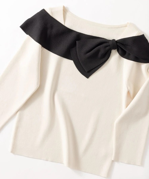 STRAWBERRY-FIELDS（ストロベリーフィールズ）の「ノアストレッチⅡ_リボンディテールニット（ニット/セーター・レディース・ブラック×ホワイト/ホワイト×ブラック・2）」の13枚目の写真