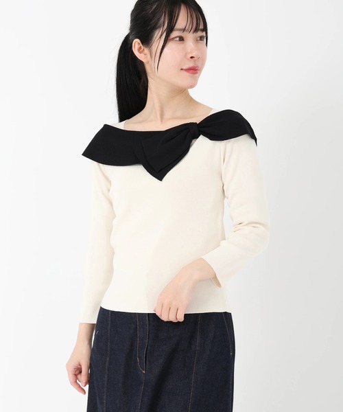 STRAWBERRY-FIELDS（ストロベリーフィールズ）の「ノアストレッチⅡ_リボンディテールニット（ニット/セーター・レディース・ブラック×ホワイト/ホワイト×ブラック・2）」の5枚目の写真