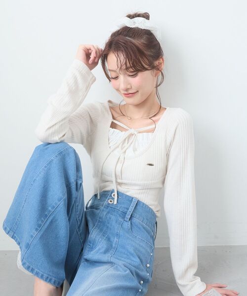 MAJESTIC LEGON（マジェスティックレゴン）の「リボンレイヤードライクトップス（Tシャツ/カットソー・レディース・ブラック/アイボリー/ピンク/グレー・MEDIUM）」の14枚目の写真