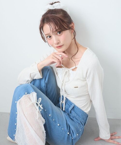 MAJESTIC LEGON（マジェスティックレゴン）の「リボンレイヤードライクトップス（Tシャツ/カットソー・レディース・ブラック/アイボリー/ピンク/グレー・MEDIUM）」の15枚目の写真