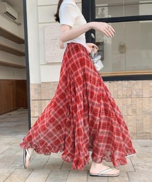 チェック柄 フリルヘム マキシスカート