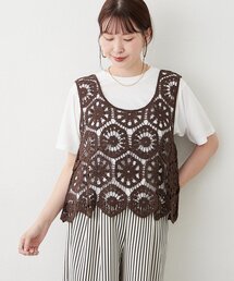【きれいめカジュアルセットアイテム】かぎ針ベスト&Tシャツ