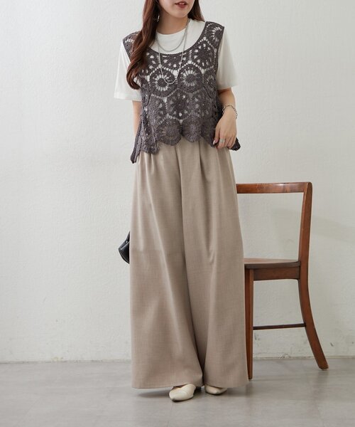 Remind me and forever（リマインドミーアンドフォーエバー）の「【きれいめカジュアルセットアイテム】かぎ針ベスト&Tシャツ（Tシャツ/カットソー・レディース・スミクロ/グレー/アイボリー/モカ・FREE）」の16枚目の写真