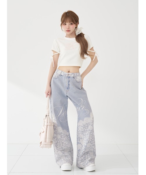 最安値✨️試着のみタグ付き ダーリッチレースビジュールーズデニムパンツ ブルー M Darich（ダーリッチ）の「レースビジュールーズデニムパンツ（デニム