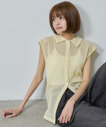 【さらっと軽やか夏でも涼しくかわいく】メッシュレース襟付きトップス