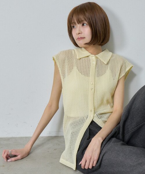 goocy(グーシー)の「【さらっと軽やか夏でも涼しくかわいく】メッシュレース襟付きトップス(ニット/セーター・レディース・ブラック/アイボリー/イエロー・FREE)」の3枚目の写真