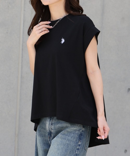 U.S. POLO ASSN.（ユーエスポロアッスン）の「【U.S. POLO ASSN./ユーエスポロアッスン】ワンポイント ダブルホースマン刺繍 フレンチスリーブTシャツ（Tシャツ/カットソー・レディース・ホワイト系その他/スミクロ/ピンク/オフホワイト・M/L/LL）」の5枚目の写真