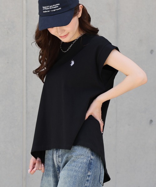 U.S. POLO ASSN.（ユーエスポロアッスン）の「【U.S. POLO ASSN./ユーエスポロアッスン】ワンポイント ダブルホースマン刺繍 フレンチスリーブTシャツ（Tシャツ/カットソー・レディース・ホワイト系その他/スミクロ/ピンク/オフホワイト・M/L/LL）」の6枚目の写真