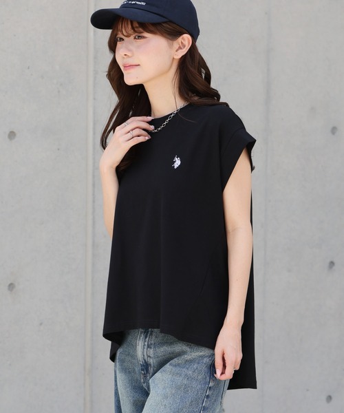 U.S. POLO ASSN.（ユーエスポロアッスン）の「【U.S. POLO ASSN./ユーエスポロアッスン】ワンポイント ダブルホースマン刺繍 フレンチスリーブTシャツ（Tシャツ/カットソー・レディース・ホワイト系その他/スミクロ/ピンク/オフホワイト・M/L/LL）」の7枚目の写真