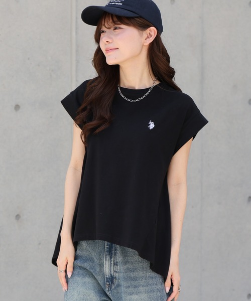 U.S. POLO ASSN.（ユーエスポロアッスン）の「【U.S. POLO ASSN./ユーエスポロアッスン】ワンポイント ダブルホースマン刺繍 フレンチスリーブTシャツ（Tシャツ/カットソー・レディース・ホワイト系その他/スミクロ/ピンク/オフホワイト・M/L/LL）」の9枚目の写真