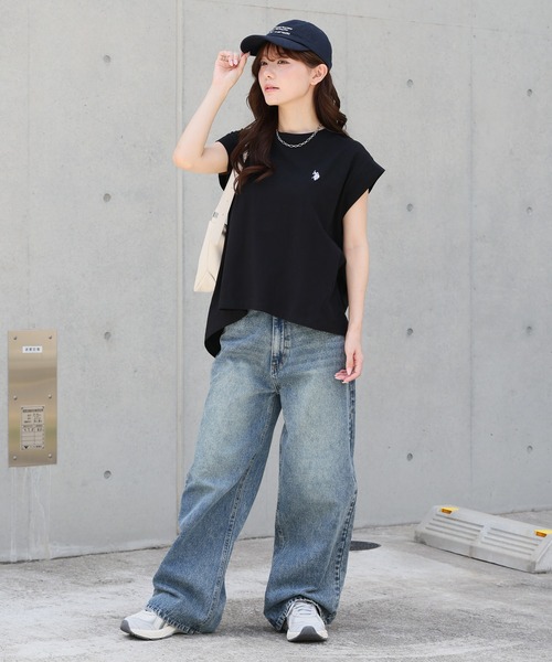 U.S. POLO ASSN.（ユーエスポロアッスン）の「【U.S. POLO ASSN./ユーエスポロアッスン】ワンポイント ダブルホースマン刺繍 フレンチスリーブTシャツ（Tシャツ/カットソー・レディース・ホワイト系その他/スミクロ/ピンク/オフホワイト・M/L/LL）」の10枚目の写真
