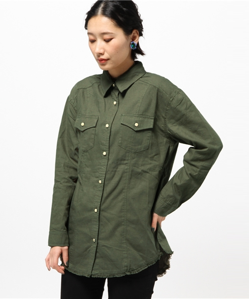 VENCEEXCHANGE（ヴァンスエクスチェンジ）の「裾フリンジシャツ      （シャツ/ブラウス・レディース・オフホワイト/ダークグリーン・MEDIUM）」の13枚目の写真