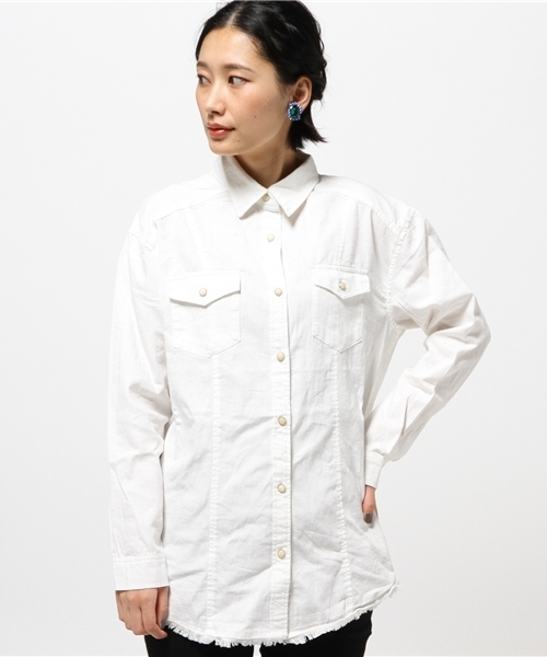 VENCEEXCHANGE（ヴァンスエクスチェンジ）の「裾フリンジシャツ      （シャツ/ブラウス・レディース・オフホワイト/ダークグリーン・MEDIUM）」の14枚目の写真