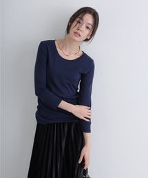 Uネック8分丈コットンフライスTシャツ