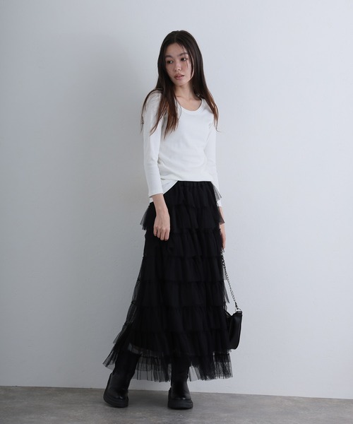 ElegChic(エレグシック)の「Uネック8分丈コットンフライスTシャツ(Tシャツ/カットソー・レディース・グレー/ネイビー/ブラック/ホワイト/チャコール・M/L/XL/XXL/4L)」の1枚目の写真