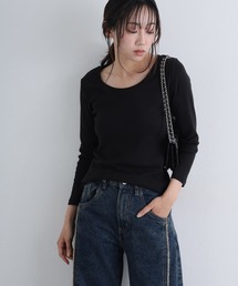 Uネック8分丈コットンフライスTシャツ