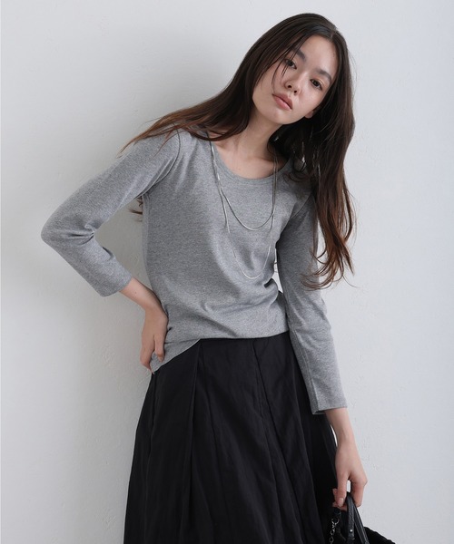 ElegChic(エレグシック)の「Uネック8分丈コットンフライスTシャツ(Tシャツ/カットソー・レディース・グレー/ネイビー/ブラック/ホワイト/チャコール・M/L/XL/XXL/4L)」の11枚目の写真