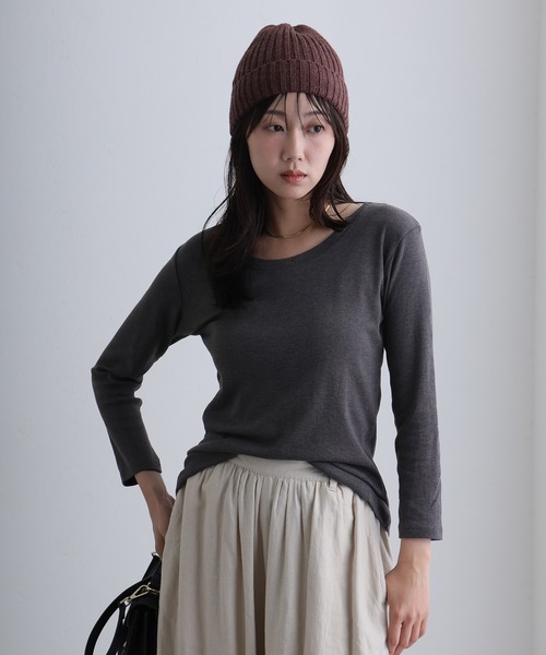 ElegChic(エレグシック)の「Uネック8分丈コットンフライスTシャツ(Tシャツ/カットソー・レディース・グレー/ネイビー/ブラック/ホワイト/チャコール・M/L/XL/XXL/4L)」の7枚目の写真