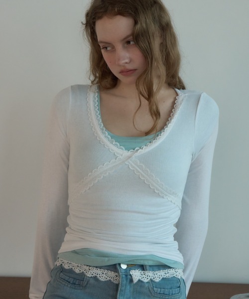 Birthday room(バースデイルーム)の「レースネックロンT/Lace-neck long-sleeve T-shirt(Tシャツ/カットソー・レディース・グレー/ネイビー/ホワイト・FREE)」の2枚目の写真