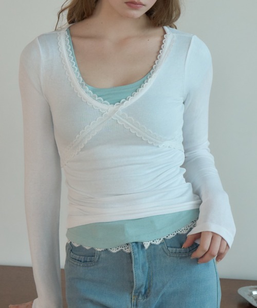 Birthday room(バースデイルーム)の「レースネックロンT/Lace-neck long-sleeve T-shirt(Tシャツ/カットソー・レディース・グレー/ネイビー/ホワイト・FREE)」の5枚目の写真