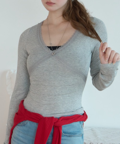 Birthday room(バースデイルーム)の「レースネックロンT/Lace-neck long-sleeve T-shirt(Tシャツ/カットソー・レディース・グレー/ネイビー/ホワイト・FREE)」の8枚目の写真