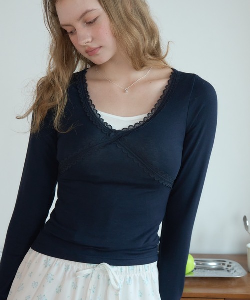 Birthday room(バースデイルーム)の「レースネックロンT/Lace-neck long-sleeve T-shirt(Tシャツ/カットソー・レディース・グレー/ネイビー/ホワイト・FREE)」の16枚目の写真