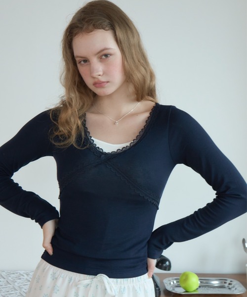 Birthday room(バースデイルーム)の「レースネックロンT/Lace-neck long-sleeve T-shirt(Tシャツ/カットソー・レディース・グレー/ネイビー/ホワイト・FREE)」の19枚目の写真