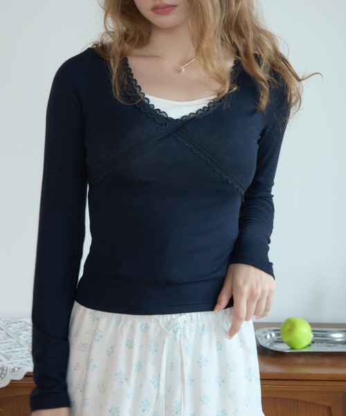 Birthday room(バースデイルーム)の「レースネックロンT/Lace-neck long-sleeve T-shirt(Tシャツ/カットソー・レディース・グレー/ネイビー/ホワイト・FREE)」の20枚目の写真