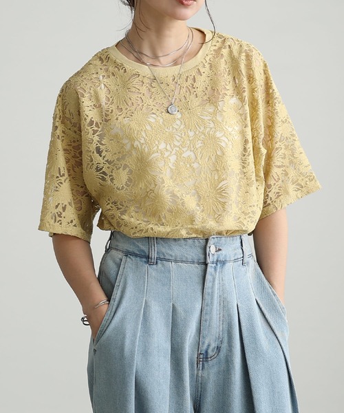Sawa a la mode（サワアラモード）の「シアーレース半袖プルオーバー（Tシャツ/カットソー・レディース・ブラック/イエロー/オフホワイト・FREE）」の3枚目の写真