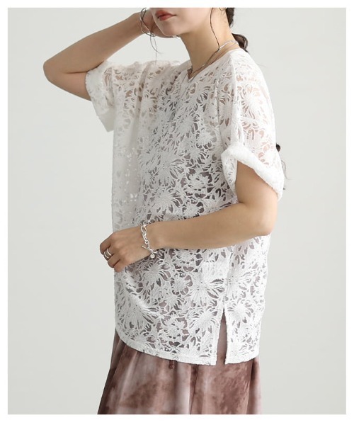 Sawa a la mode（サワアラモード）の「シアーレース半袖プルオーバー（Tシャツ/カットソー・レディース・ブラック/イエロー/オフホワイト・FREE）」の21枚目の写真