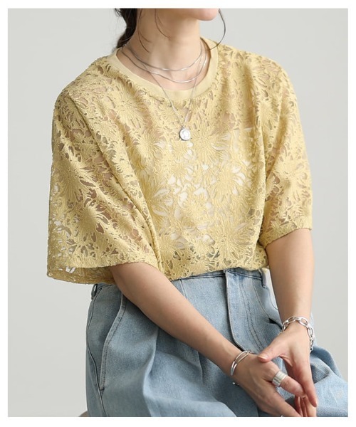 Sawa a la mode（サワアラモード）の「シアーレース半袖プルオーバー（Tシャツ/カットソー・レディース・ブラック/イエロー/オフホワイト・FREE）」の4枚目の写真