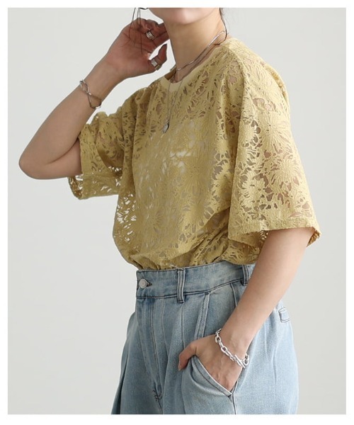 Sawa a la mode（サワアラモード）の「シアーレース半袖プルオーバー（Tシャツ/カットソー・レディース・ブラック/イエロー/オフホワイト・FREE）」の6枚目の写真
