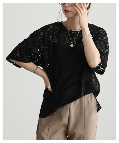 Sawa a la mode（サワアラモード）の「シアーレース半袖プルオーバー（Tシャツ/カットソー・レディース・ブラック/イエロー/オフホワイト・FREE）」の7枚目の写真