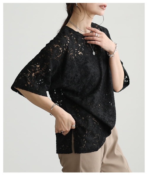 Sawa a la mode（サワアラモード）の「シアーレース半袖プルオーバー（Tシャツ/カットソー・レディース・ブラック/イエロー/オフホワイト・FREE）」の8枚目の写真