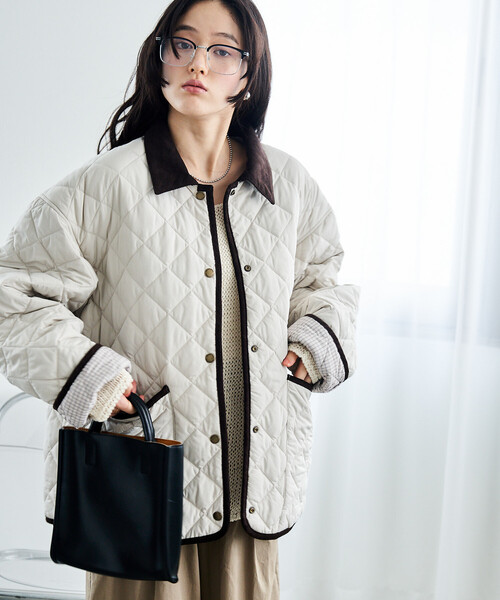 FREAK'S STORE(フリークスストア)の「PRIMALOFT ダイヤキルト 襟付きリバーシブルコート/プリマロフト ジャケット(ダウンジャケット/コート・レディース・ブラック/オフホワイト/オリーブ・フリ-)」の2枚目の写真