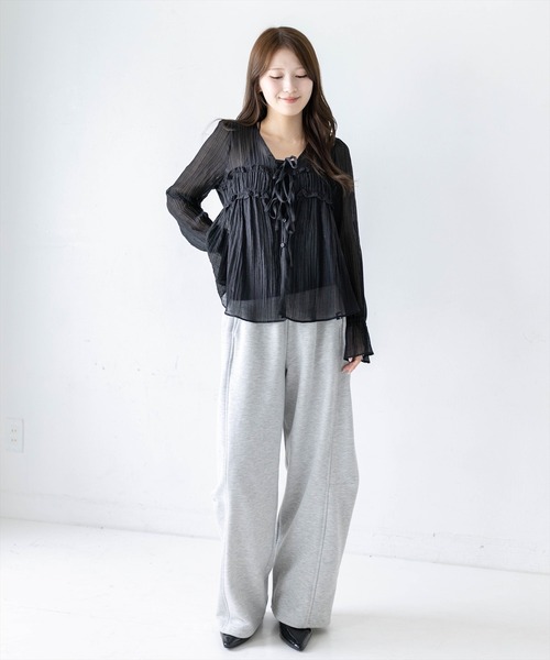CLEAR BASIC（クリアベーシック）の「シアー楊柳フロントリボンブラウス［骨格ウェーブ／シアー／フェミニン］（シャツ/ブラウス・レディース・ピンク/オフホワイト/ブラック・F）」の8枚目の写真
