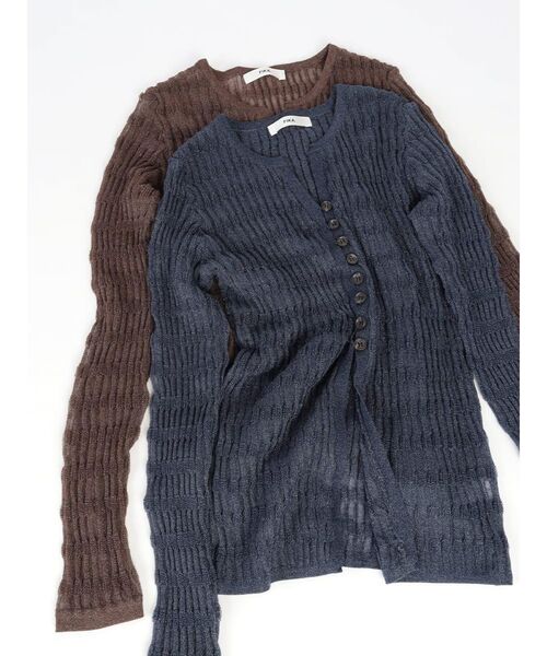 FIKA.（フィーカ）の「Sheer shirring cardigan（カーディガン/ボレロ・レディース・ネイビー/ブラウン・MEDIUM）」の6枚目の写真