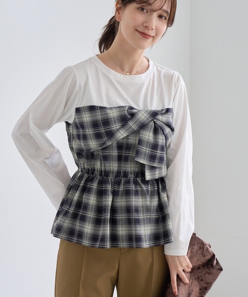 ROPE' PICNIC(ロペピクニック)の「ビスチェドッキングチェックトップス(Tシャツ/カットソー・レディース・ネイビー/ブラウン/サックスブルー・FREE)」の3枚目の写真