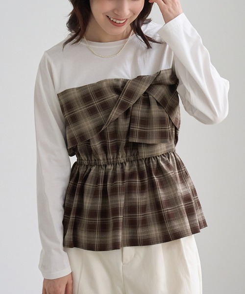 ROPE' PICNIC(ロペピクニック)の「ビスチェドッキングチェックトップス(Tシャツ/カットソー・レディース・ネイビー/ブラウン/サックスブルー・FREE)」の2枚目の写真