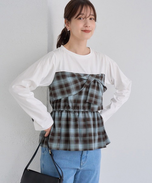 ROPE' PICNIC(ロペピクニック)の「ビスチェドッキングチェックトップス(Tシャツ/カットソー・レディース・ネイビー/ブラウン/サックスブルー・FREE)」の6枚目の写真