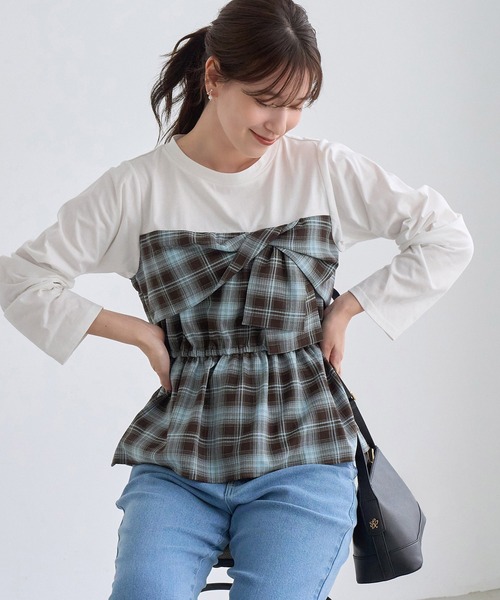 ROPE' PICNIC(ロペピクニック)の「ビスチェドッキングチェックトップス(Tシャツ/カットソー・レディース・ネイビー/ブラウン/サックスブルー・FREE)」の7枚目の写真